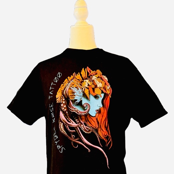 Black “SPYDER ROSE TATTOO” T-Shirt with Artistic Mermaid Design - Picture 1 of 2